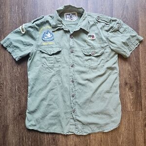 Mens XL TOXIC WASTE Vintage Green EMBROIDERED PATCHES SHIRT Military Short Slve